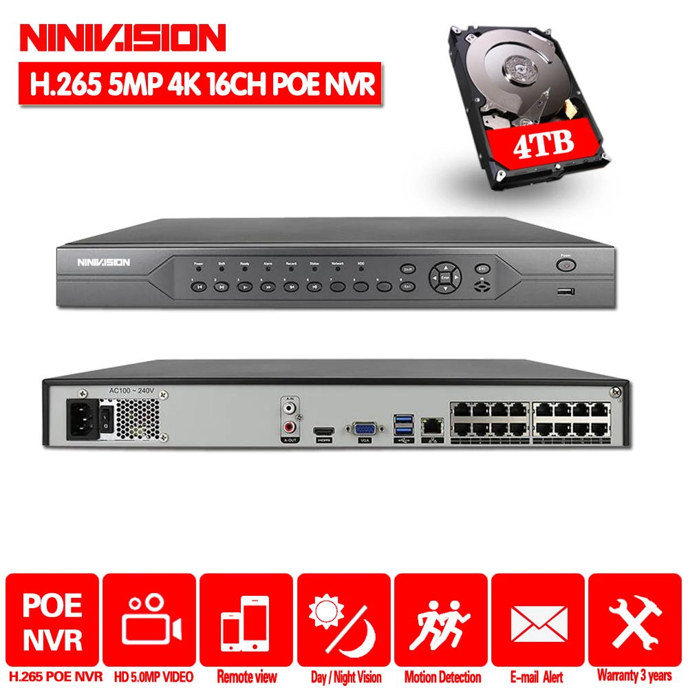 Сетевой видеорегистратор H.265 16 каналов 8 4K 5 МП 4 3 Мп 48 В сетевой POE NVR XMEYE P2P ONVIF для IP