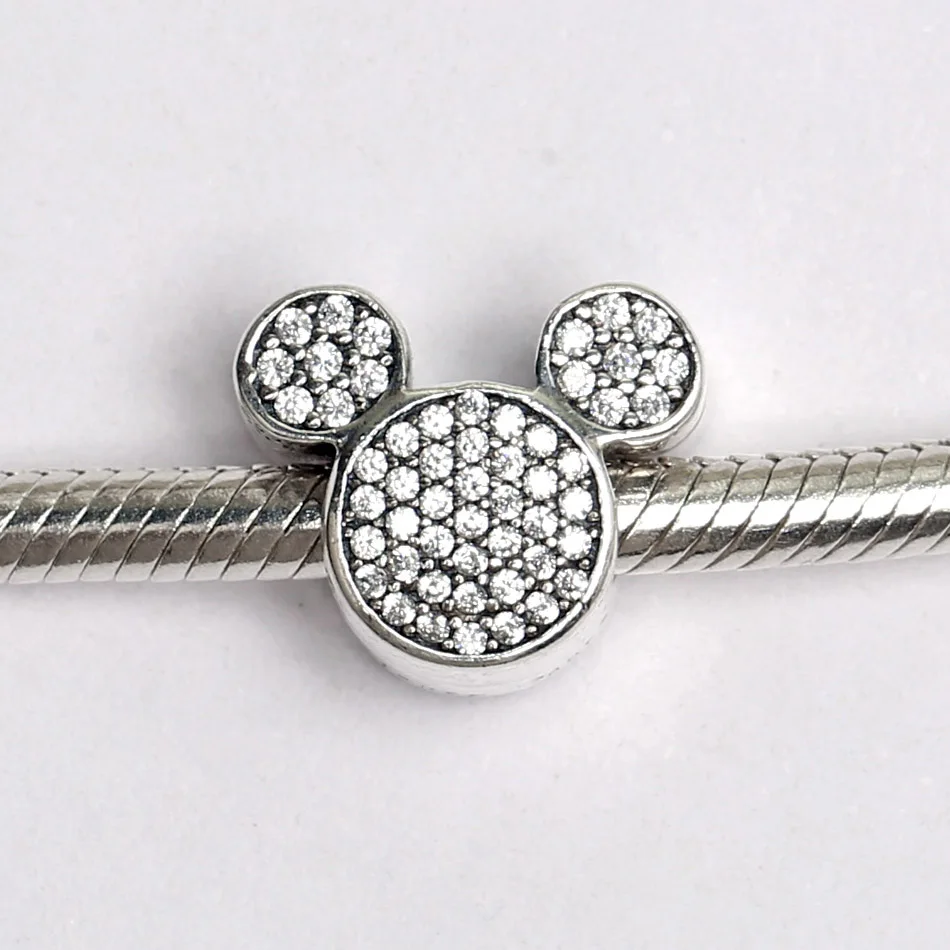 

Authentic 925 Sterling Silver Bead Charm Pave Mickey With Crystal Clip Stopper Beads Fit Pandora Bracelet DIY Jewelry