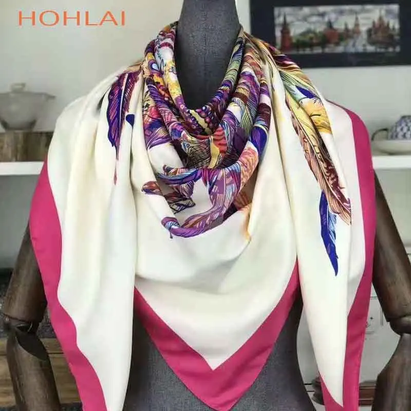 Twill Шелковый шарф для женщин большой шали перо печати палантины квадратный бандана Элитный бренд платок женский 1358 - Цвет: 1