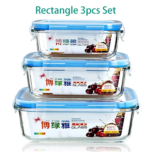 Свежая коробка набор боросиликатного стекла контейнер для еды Ланч-бокс Bento Microwavable свежее сохранение - Цвет: Rectangle set