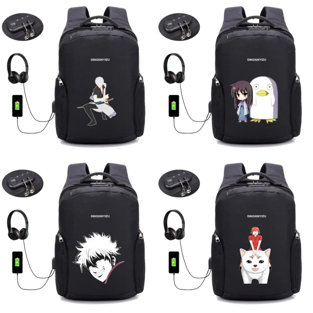 Аниме Рюкзак Gintama мужские путешествия рюкзак ноутбук USB зарядка Студенческая