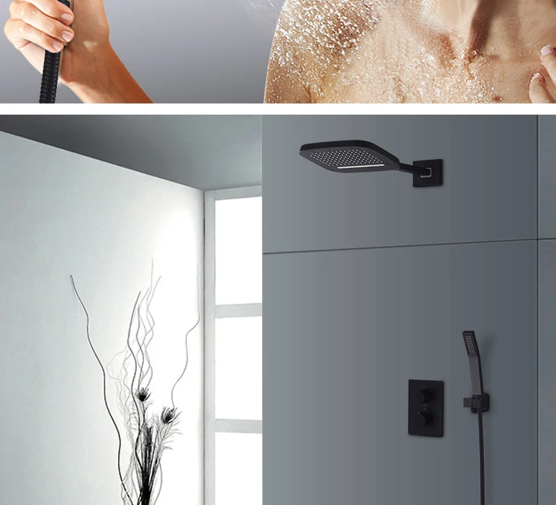 hm Luxury Thermostatic Waterfall Rain Shower Head & Hand Shower Set in Solid Brass Black Bathroom Faucet Wall Mounted System (7)