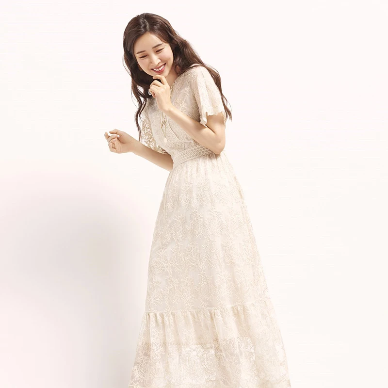 

Elegant Sweet Lace Dress For Women Short Sleeve O Neck Party Dress Белое Платье Long Vestidos Female Designer New 2019