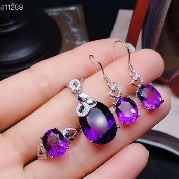 

Free Shipping Natural Amethyst jewelry set Natural Real Amethyst 925 sterling silver 1pc pendant,1pc ring ,2pcs Earring
