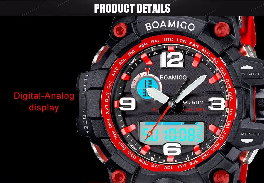 BOAMIGO Luxury Men's Watch LED  Analog Digital Plastic Military Watches Sport Quartz Wristwatches Dual Display Red Rubber Strap (2)