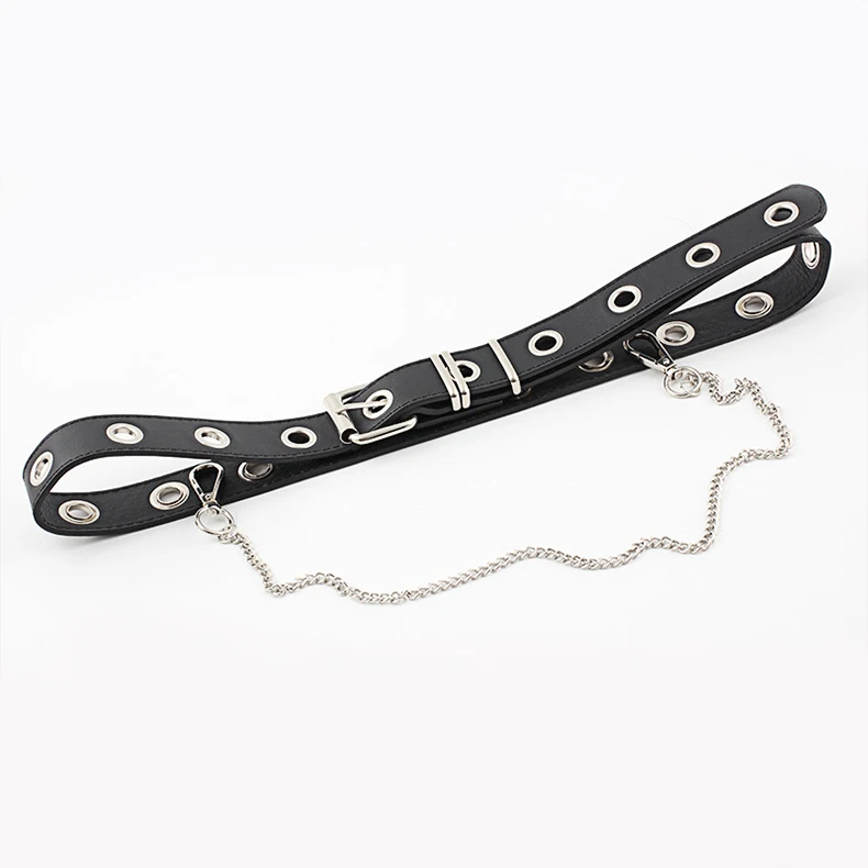 Women Punk metal chain PU leather Fashion Belt Adjustable Single Eyelet Grommet Leather Buckle Belt Multicolor selection