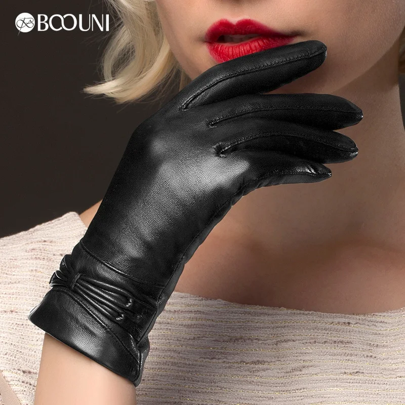 BOOUNI Genuine Leather Gloves Fashion Black Women Sheepskin Glove Winter Plus Velvet Leather Driving Gloves Hot Sale NW777