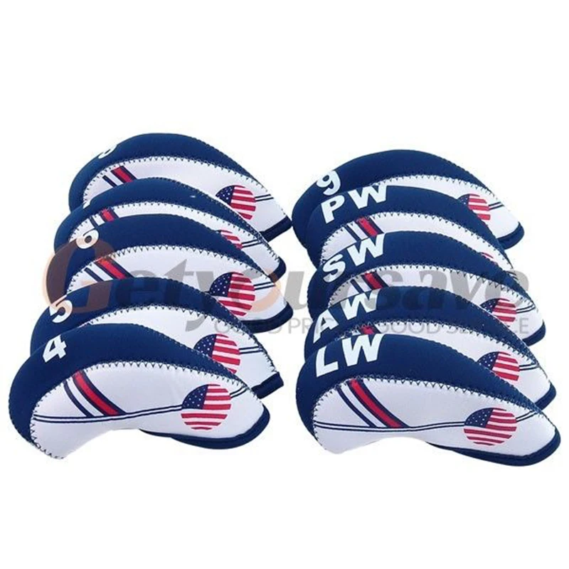 جديد 10 pcs الأبيض و الأزرق USA العلم النيوبرين نادي الغولف الحديد غطاء رأس غطاء الرأس جديد 10 pcs الأبيض و الأزرق USA العلم النيوبرين نادي الغولف الحديد غطاء رأس غطاء الرأس