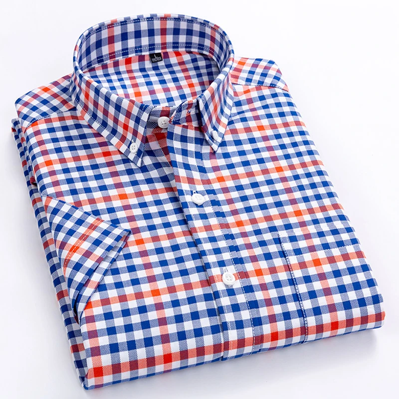 

Men's Casual Short-Sleeve Checkered Shirts Standard-fit Summer Thin Soft 100% Cotton Button-down Plaid Striped Dress Shirt