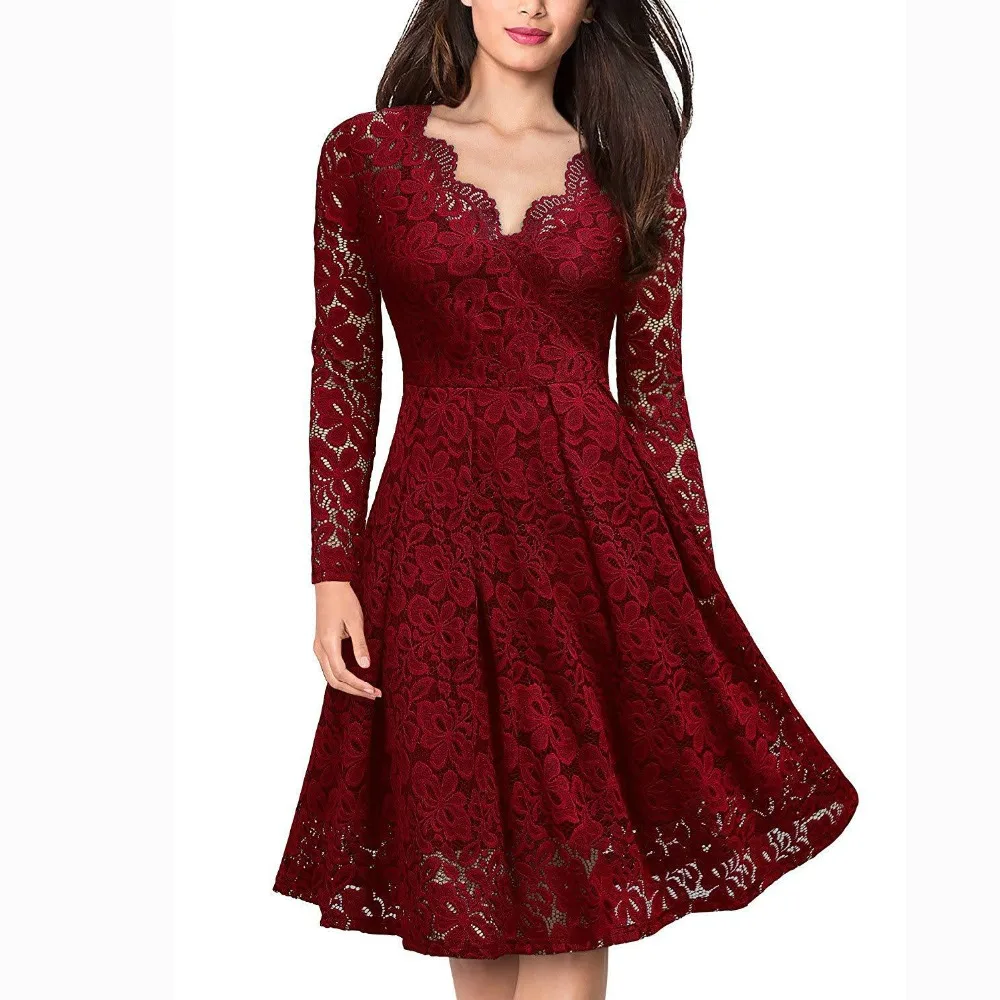 

Women Vintage V Neck Empire Slim Swing Floral Lace Dress Cocktail Party A line Dresses Robe Female