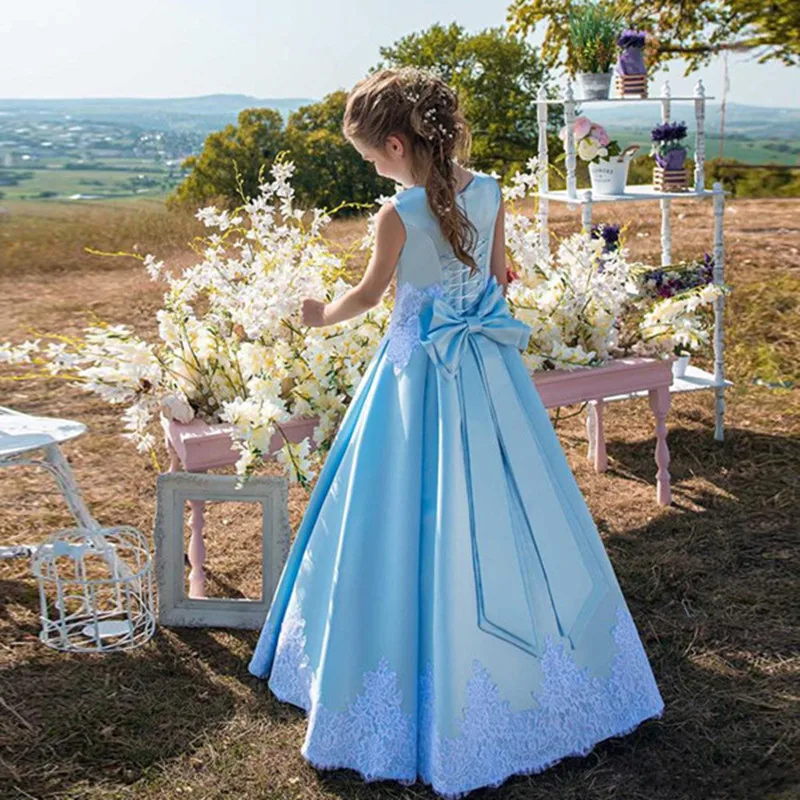 

High Quality Blue Satin Princess Dress with White Lace Appliques Bow Lace Up Back Pleat Customzied Flower Girl Dress For WeddiLX