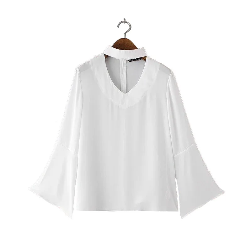 Women Stylish Shirts Flare Sleeve Halter V-neck Chiffon Blouse Summer Fashion Casual Solid Loose Tops |