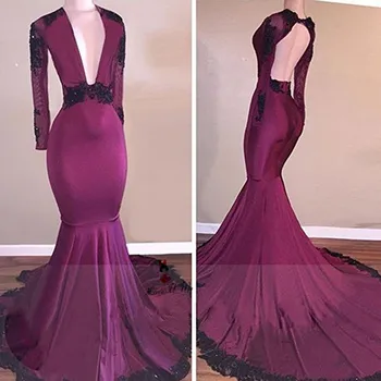 

Black Lace Purple Long Sleeve Prom Dresses 2018 Beads Backless Vestidos de Formatura Mermaid Formal Evening Party Dress V Neck