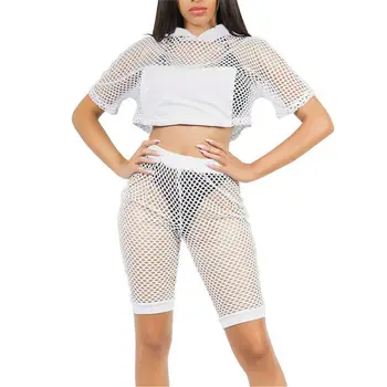 

Women Ladies Short Sleeve T Shirt See Through Mesh Fishnet Crop Top Hoodies+Shorts Pants Outfits Two Piece Set