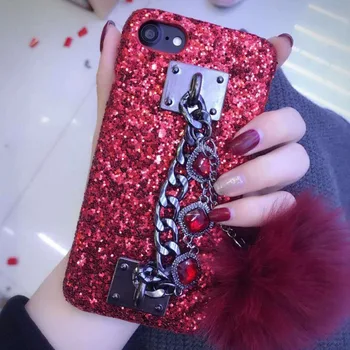 

Sunjolly Red Green Gem Case Rhinestone Phone Hairball Cover for iPhone X 8 Plus 7/7 Plus 6S/6 Plus Crystal Bling Bracelets coque