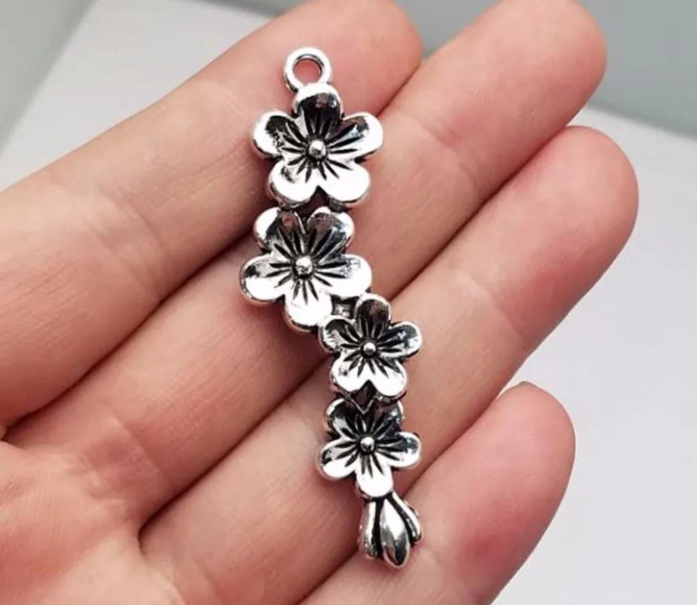 10pcs/lot 15x57mm, flower cham,Antique silver plated Beautiful Plum blossom flower charms ,DIY
