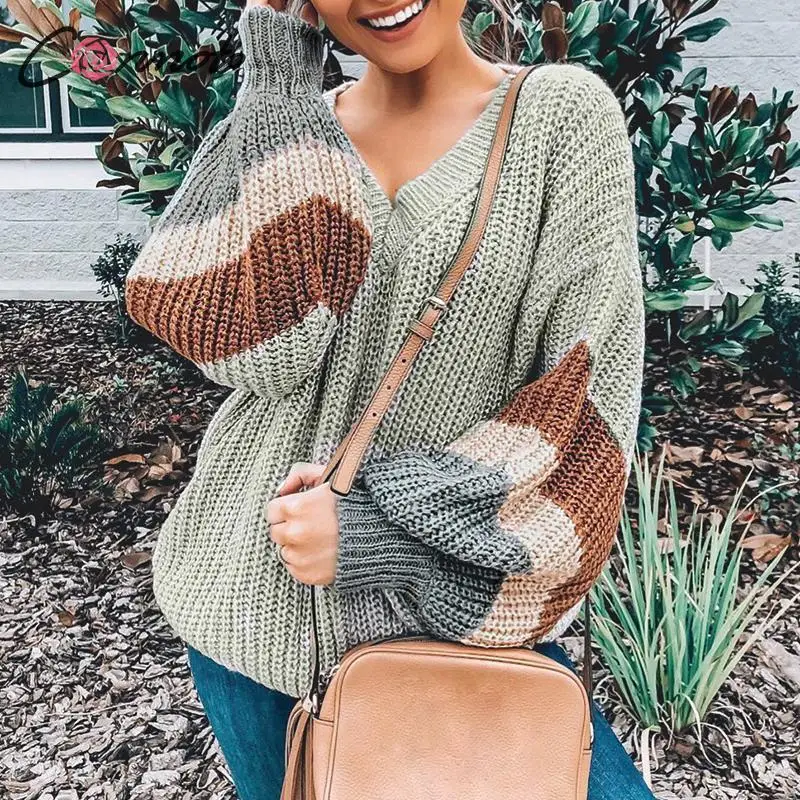 FREE SHIPPING Fashion Striped V Neck Pullover Women Autumn Winter Gray Long Sleeves Sweater Female High Street Loose Mujer Jumper JKP2578