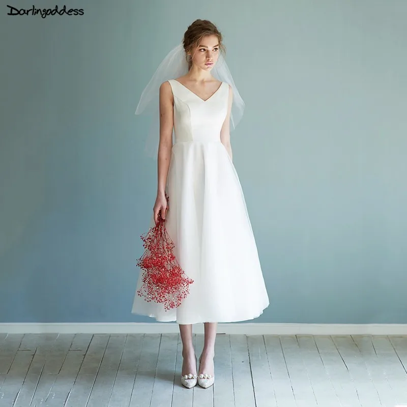 Simple White Satin Short Wedding Dress 2019 Beach Backless Vestido