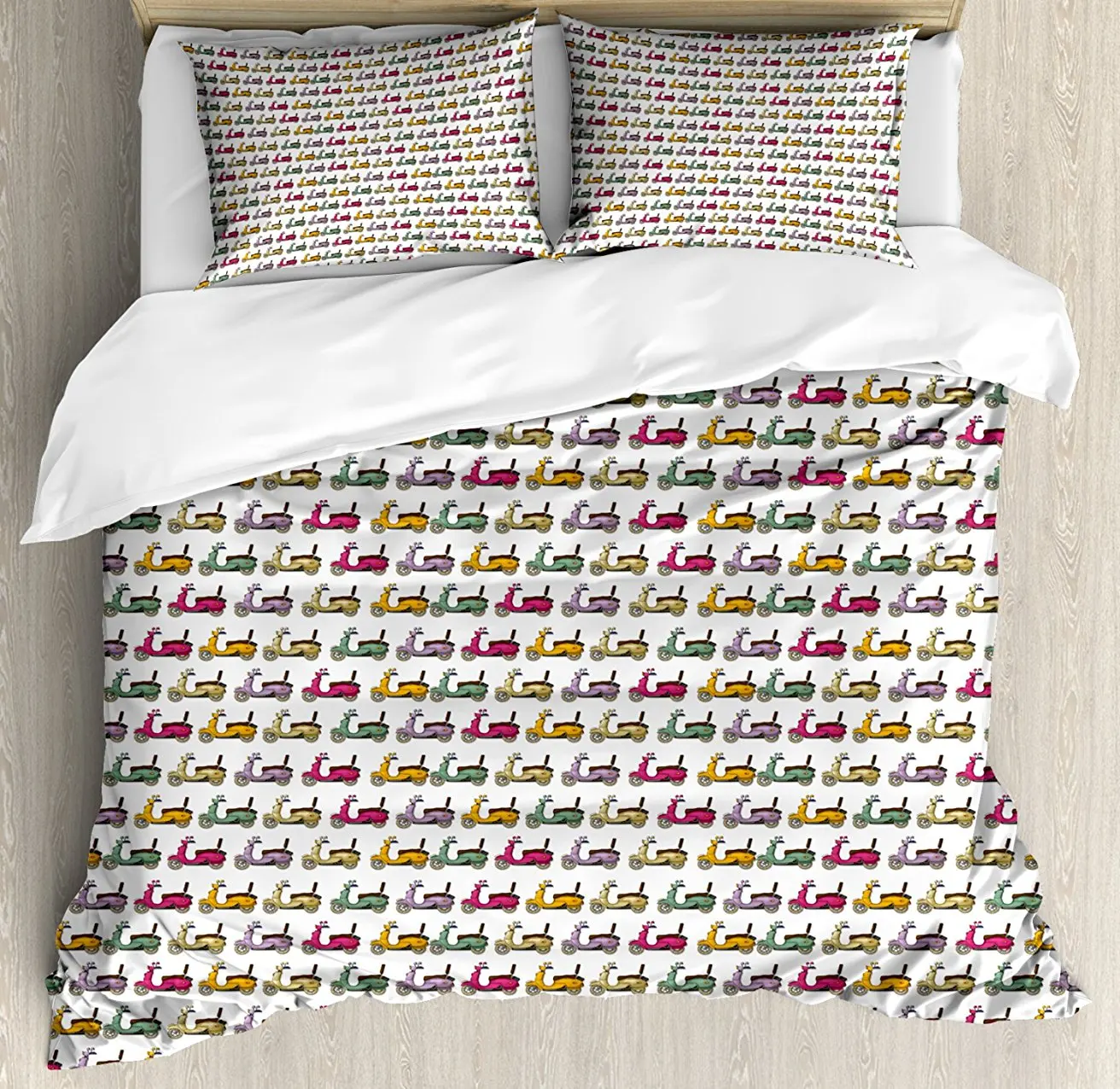 Motorcycle Duvet Cover Set Cartoon Style Scooters with Seatbacks and