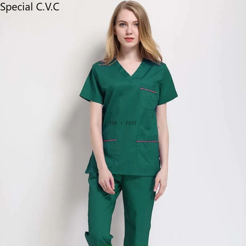 Women's Fashion Scrub SET Color Blocking Design V Neck Shirt with Side Vent + Pants (pure Cotton/polyester Cotton)
