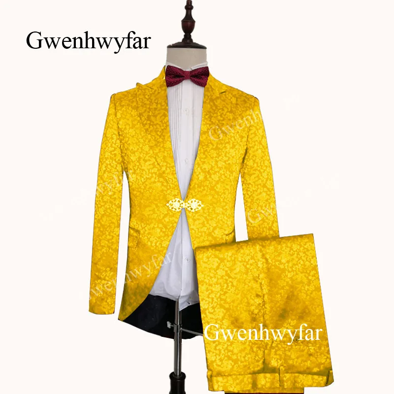 Gwenhwyfar новейший дизайн пальто брюки ярко-желтый мужской костюм Slim Fit Skinny 2 шт смокинг для жениха Выпускной фрак мужские костюмы