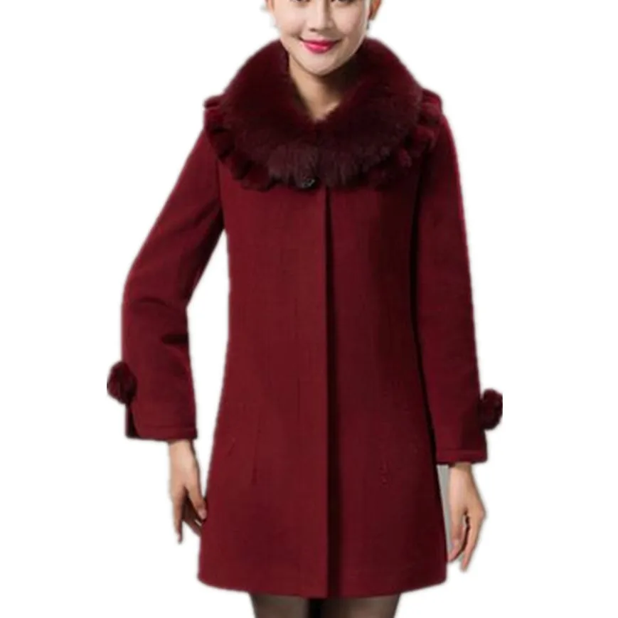 

Middle-aged Wool Coat Fashion Fur Collar Autumn Winter Women Jacket Mother Plus Size 5XL Woolen Coat