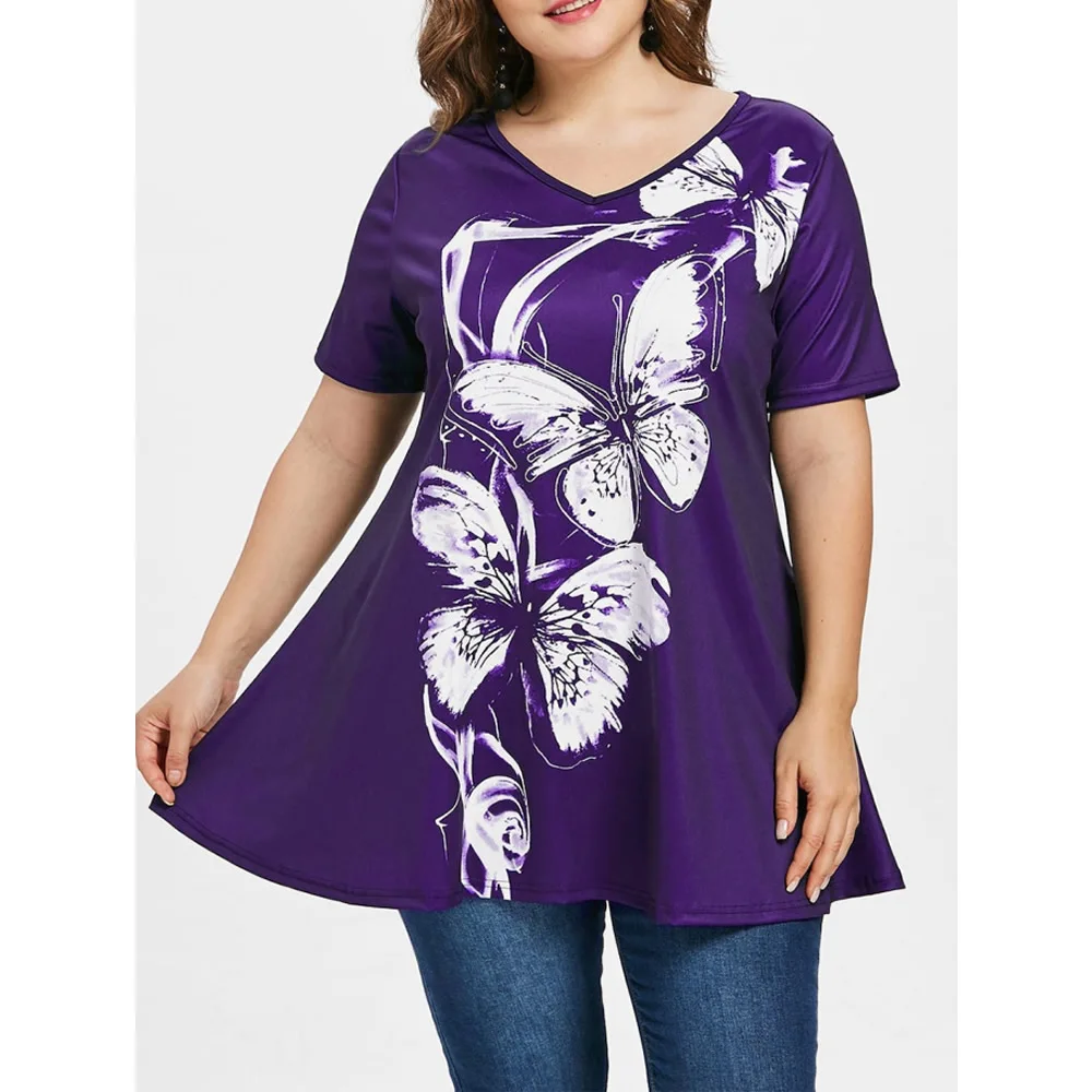 

Plus Size Women Short Sleeve Shirts Ladies Mid-Long Style Loose Butterfly Pattern Tops Tee Graphic Tee Women 2019 Summer Shirt