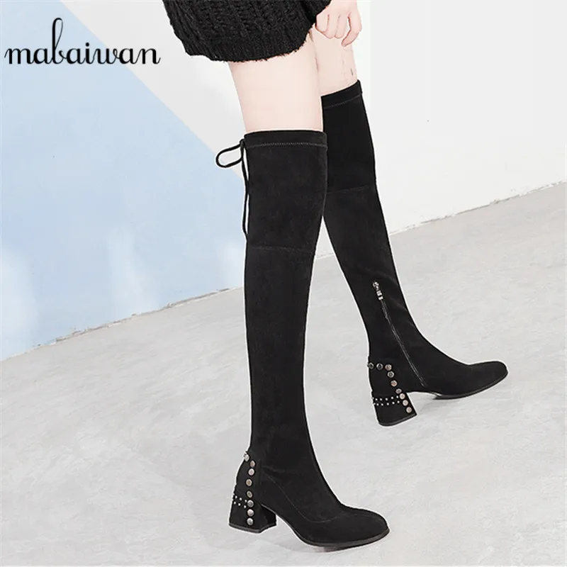 

Mabaiwan Fashion Thick High Heels Winter Women Over The Knee Boots Black Flock Socks Stretch Fabric Shoes Women Round Toe Pumps