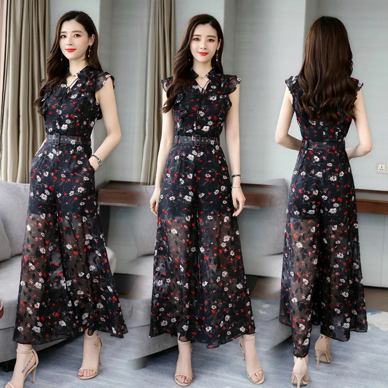 

Chiffon Floral Print Jumpsuit Women Rompers Combinaison Femme Salopette Woman Overalls Playsuit Macacao Feminino