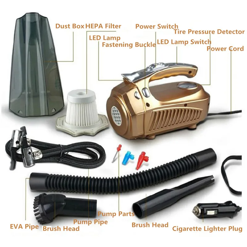 

120W Handheld Vacuum Cleaner 4 in 1 Portable Car Cleaner Quick Air Pump Tire Pressure Detector LED Lamp Magic Broom