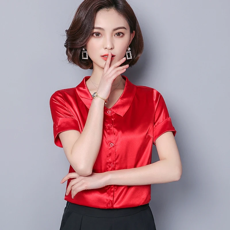 Summer Blouse Shirt OL Office Short Sleeve Blouse Silk Women Blouses