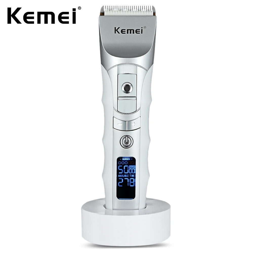 

Kemei-838 Rechargeable Hair Clipper Li-ion Battery Intelligent LCD Display Speed Control Hair Trimmer With Charge Stand 110-240v