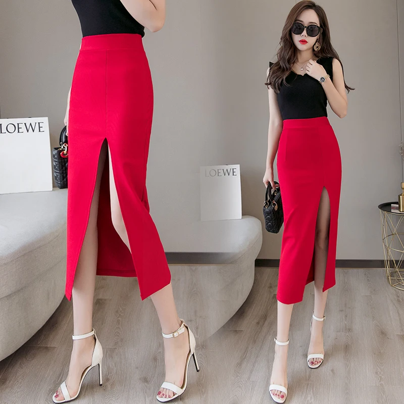 

Plus Size Black Sexy Bodycon Pencil Long Skirts with Slit Womens High Waisted Elastic Red Bag Hip Skirt Step Skirt Clothes 2019