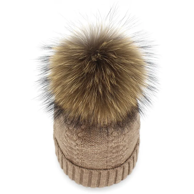 New winter wool knitted hat beanies with real mink fur pom poms Skullies natural raccoon Bobble Fur Pompom Pompon Hat caps