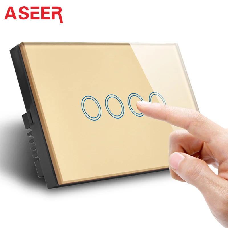 

ASEER,AC110-240V 4 Gang 1 Way Touch Control Light Switch Gold Crystal Glass US Type,AC110-240V Multi Function Smart Switch 1000W