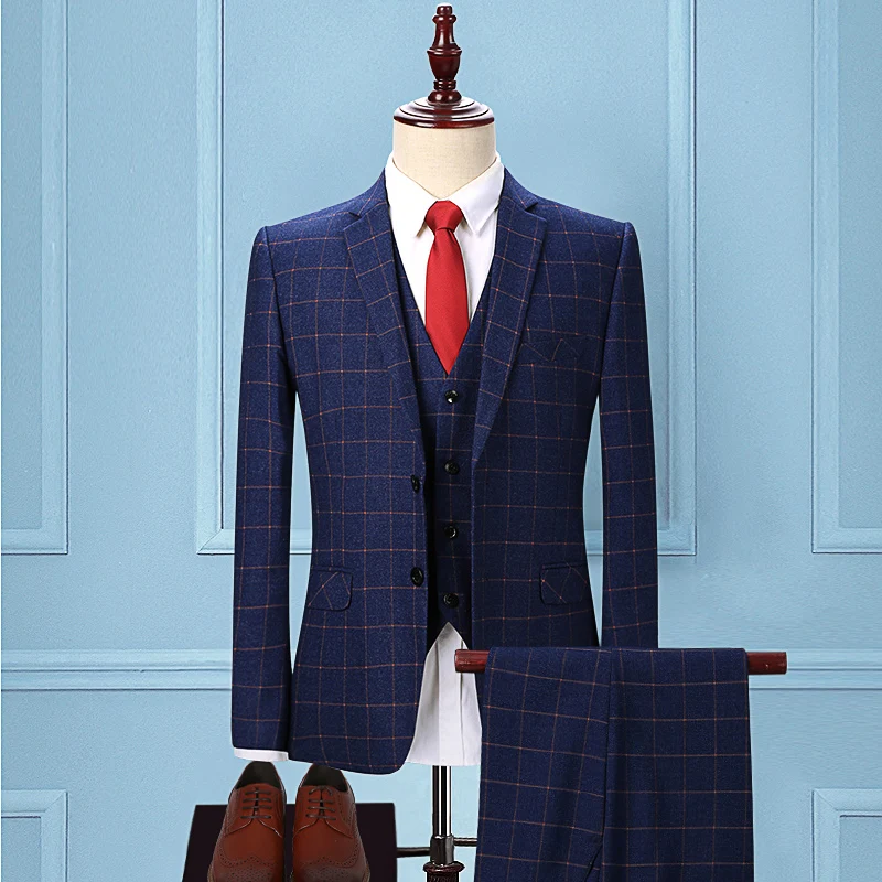 Men Dress Suit Blue Plaid Business Casual Slim Fit Homme Wedding Classic Vintage Check Formal Groomsmen Men's Clothing | Мужская