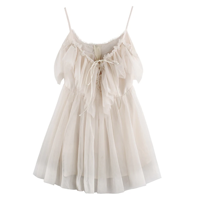 

PERHAPS U beige sexy spaghetti strap sleeveless backless strap ruffle mini short summer holiday beach dress D1109