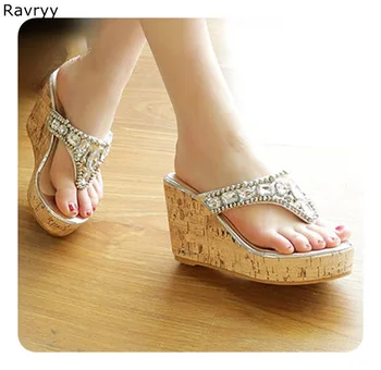 

Crystal Woman wedges sandals bling bling rhinestone decor summer high heels Sexy Pumps flipflop slip-on female party show shoes