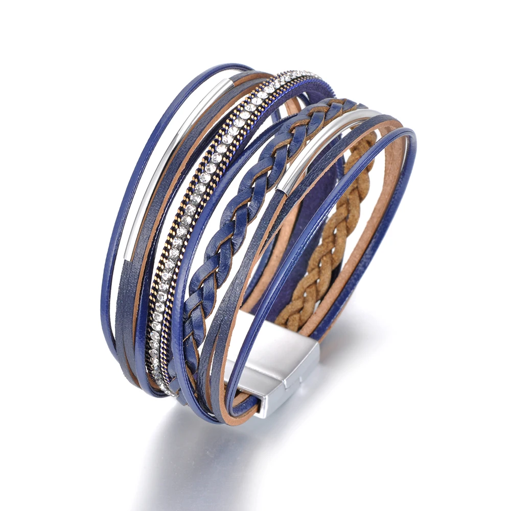 

Lokaer Hot Sale Wholesale Fashion Leather Bracelet Multilayer Bracelets Rhinestone Magnet Buckle For Women Gift WRBR012