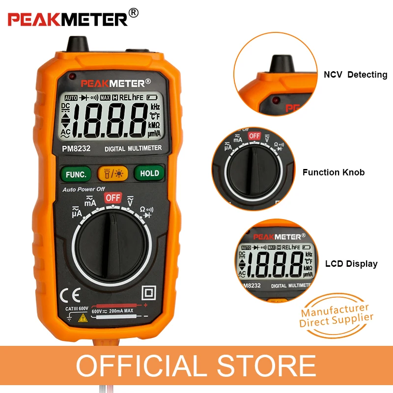 

PEAKMETER New Hot Sale Non-Contact Mini Digital Multimeter DC AC Voltage Current Tester PM8232 Ammeter Multi tester