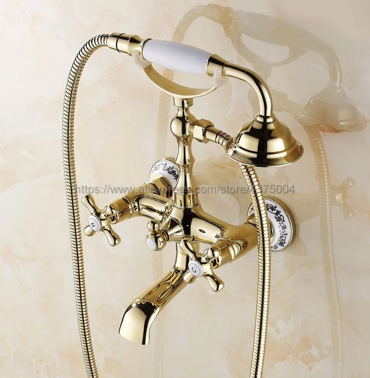 Luxury Gold Color Brass Bathtub Faucets Hand Rain Shower Head Tap Luxury Ceramic Telephone Wall Bath Faucet Ntf140