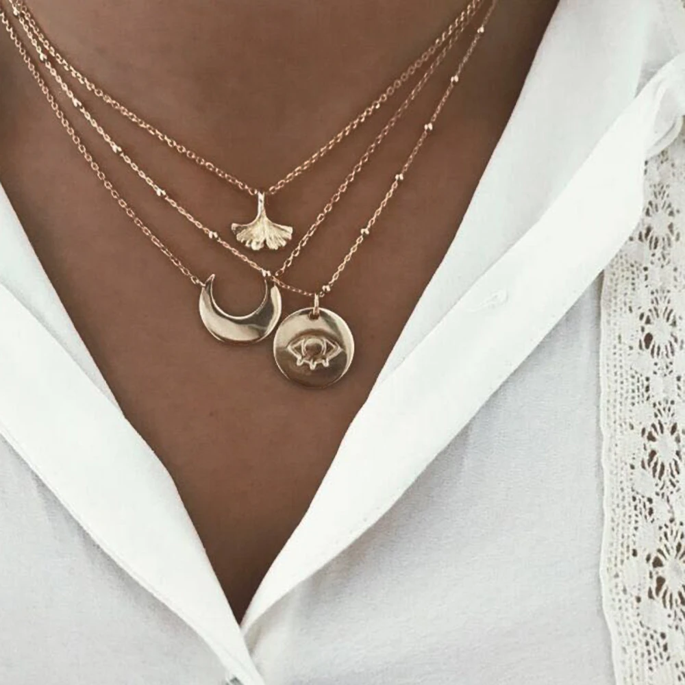 

3 Pcs/set Vintage Moon Eye Ginkgo Necklace for Women Fashion Gold Pendant Choker Multilayer Long Necklaces Boho Jewelry