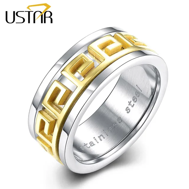 Ustar Vintage Yellow Gold Chinese Totem Rings Men Jewelry 8mm Ustar Vintage Yellow Gold Chinese Totem Rings Men Jewelry 8mm Stainless Steel Silve Band Wedding
