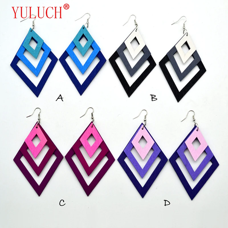 

YULUCH Colorful geometric hollow rhombus pendant multi-graded gradient long wooden earrings African female accessory jewelry