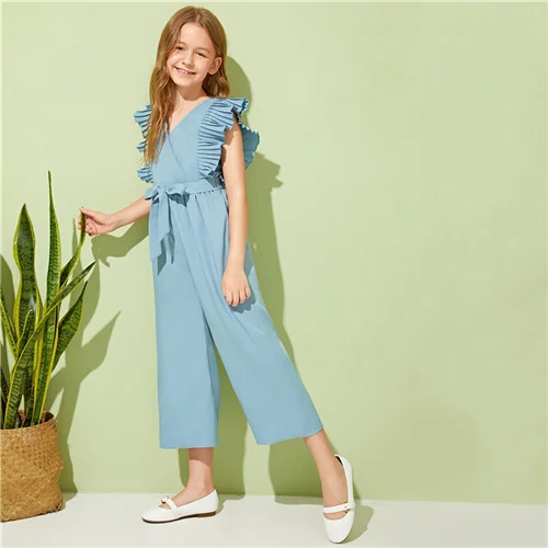 SHEIN Kiddie, v-образный вырез, плиссированные проймы, для отдыха, с поясом, комбинезоны для девочек,, летние, без рукавов, с оборками, широкие, Комбинезоны - Цвет: Небесно-голубой