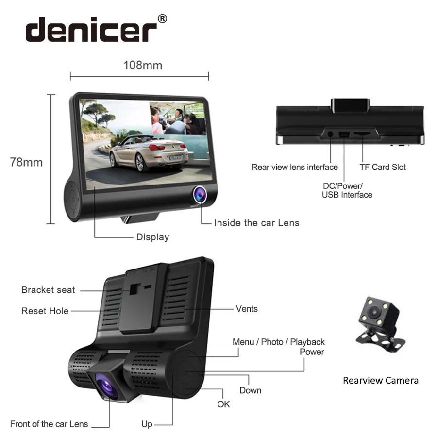  New 3 Cameras Car DVR 4 inch IPS Dash Cam three-way high-speed Full HD 1080P Driving DVRs Dual Lens