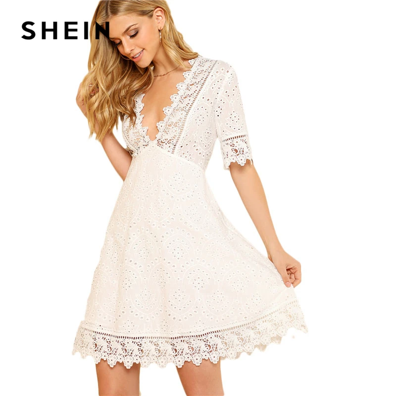 SHEIN Платье С Вышивкой И Кружевами Женское Летнее Белое Сексуальное Короткими