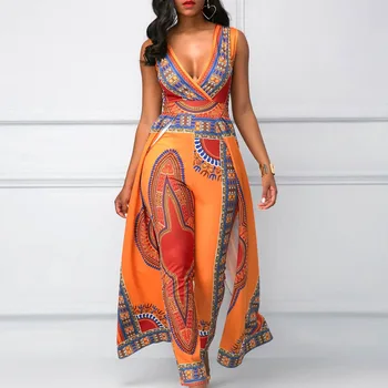 

2020 autumn sleeveless strappy African print Traditional Clothing Bazin Riche long jumpsuit wide leg Sexy Dashiki outfit overall