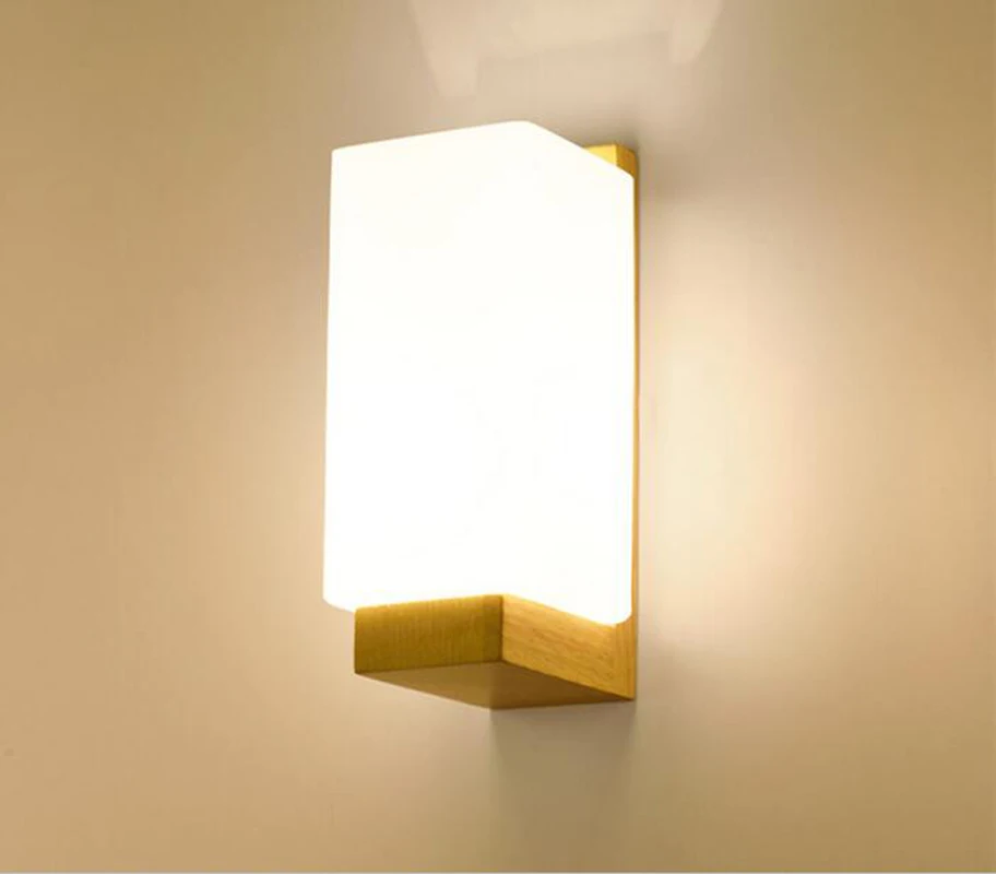 

Modern Wooden LED Wall Lamp E26 E27 Bulb Wall Lights Frosted Glass For Home Living Room hallway Bedroom