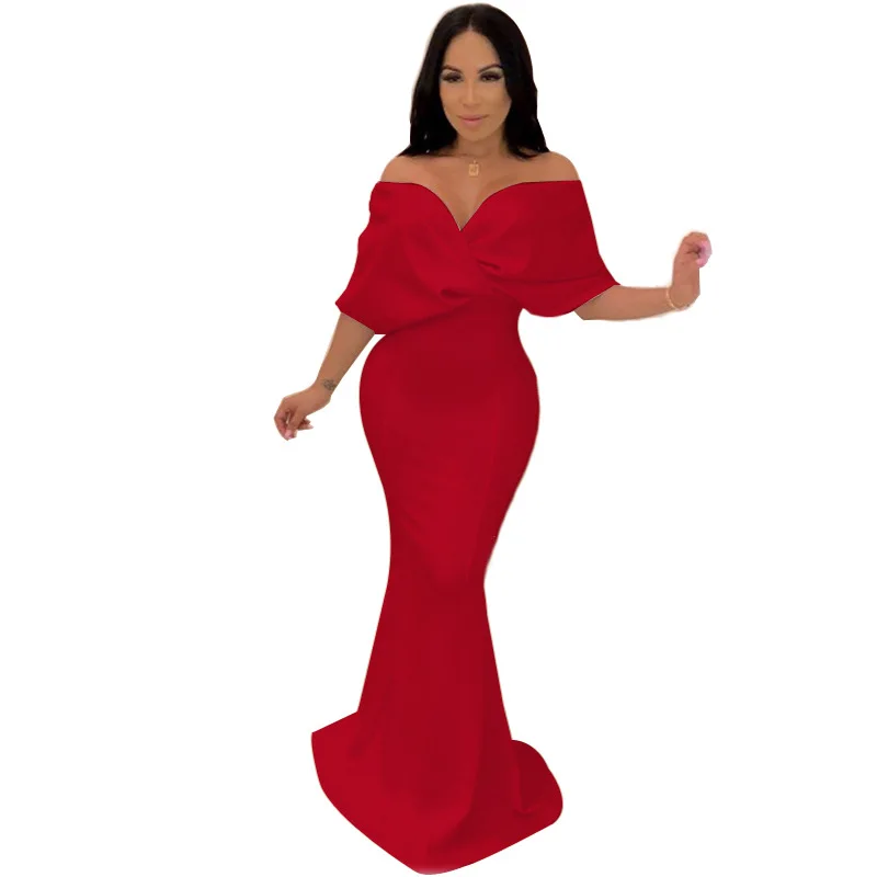 Однотонное сексуальное платье с открытыми плечами и v-образным вырезом, женское платье с коротким рукавом и юбкой-годе, макси платья Vestidos - Цвет: Красный
